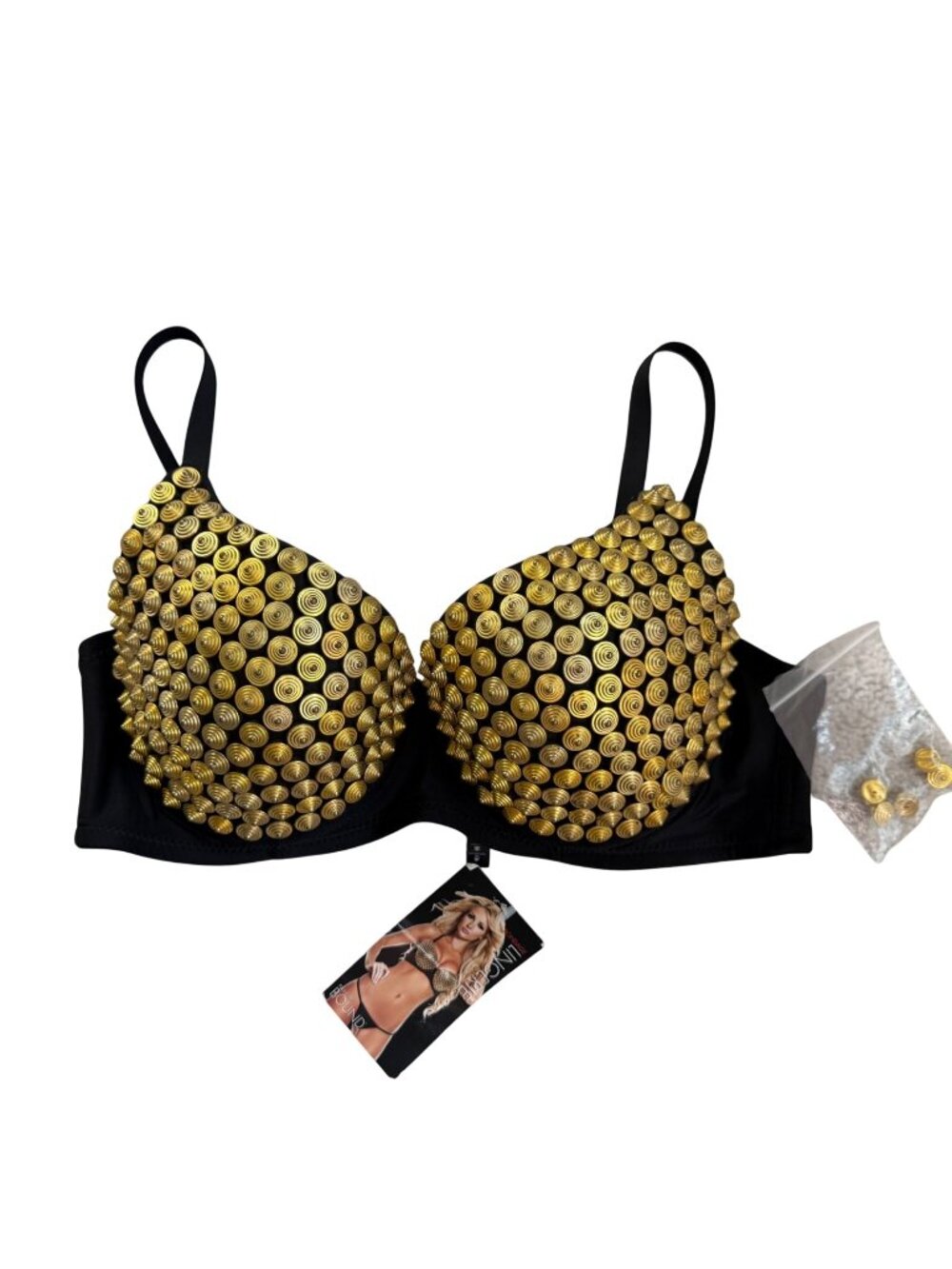 Pleasure Bound Bra New Size 38D Gold Studded Cosplay Black Embellished Y2K Sexy